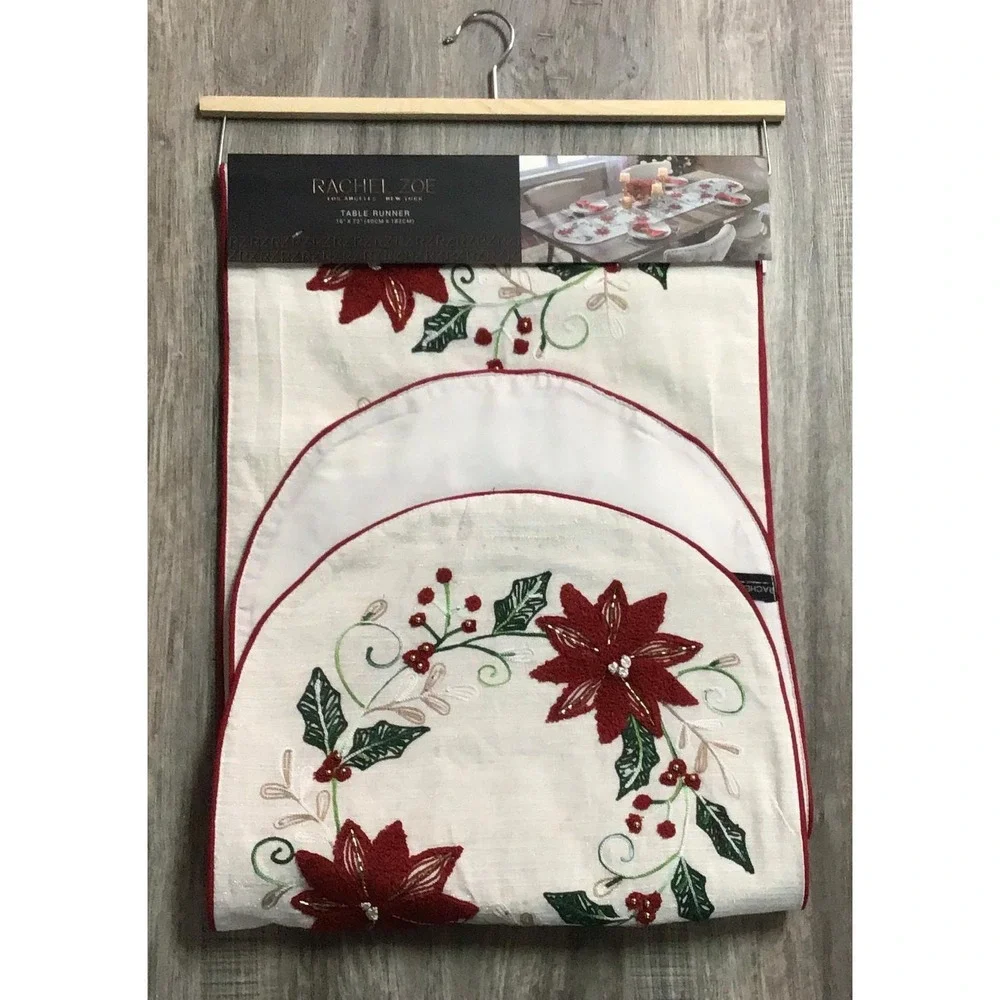 Rachel Zoe Christmas Table Runner Poinsettia Beaded Embroidered 16x72 Holiday